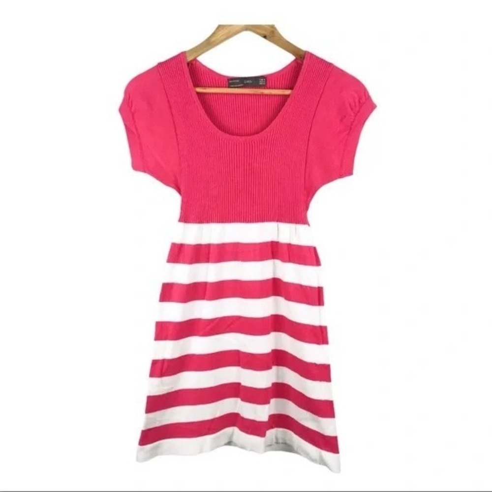 Zara Pink Stripe Ribbed Knit Tunic Top Short‎ Sleeve Fitted Size M